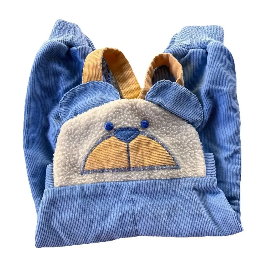 Vintage Baby Boy Blue Health-Tex 3mo Corduroy Bear Overalls 70's